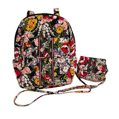 Sale Photo Thumbnail #920: Two Matching Vera Bradley Pieces Quilted Backpack with Front Pocket and Small Crossbody Clutch Bag 
Pattern appears ti be Poppy Fields. 
Excellent barely even used condition!