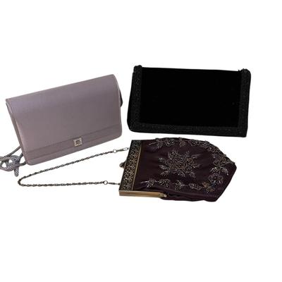 Sale Photo Thumbnail #941: Three Dress Up Clutch and Carry Handbags- Purple in best condition, the other 2 in very good condition