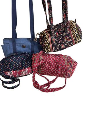 Sale Photo Thumbnail #975: Vera Bradley Lot 4 Handbags (yellow makeup bag in last photo)  & Blue Tote- these have all been visibly used to a good extent, they are in good shape but not impeccable.