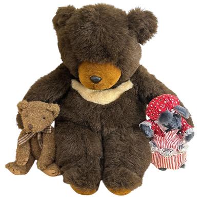 Sale Photo Thumbnail #1025: Two Teddies and a Mouse Stuffed Animals- Large Teddy Ajena of Paris, Small Teddy by Russ Berrie, and Mouse Handmade by "Dovic Dolls" all in great condition!