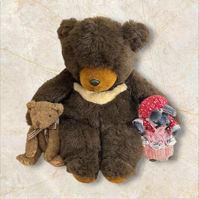 Sale Photo Thumbnail #1030: Two Teddies and a Mouse Stuffed Animals- Large Teddy Ajena of Paris, Small Teddy by Russ Berrie, and Mouse Handmade by "Dovic Dolls" all in great condition!