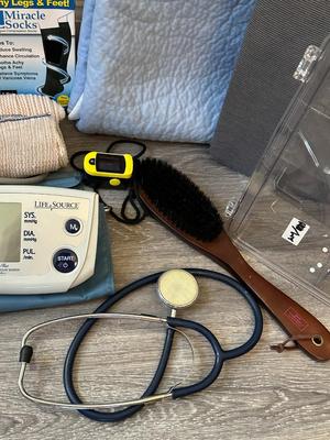 Sale Photo Thumbnail #1054: Good Health and Motility Tools Lot- 2 Study Canes, 2 BLood pressure monitors (untested), pillow, socks, alert monitor+