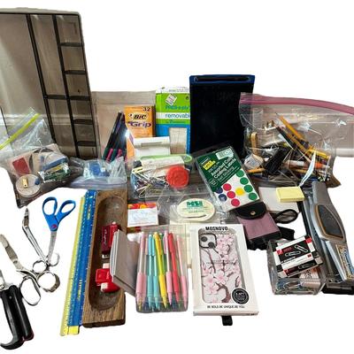 Sale Photo Thumbnail #1119: Box of Office-Desk Supplies and Materials- Scissors, pens, hole puncher+