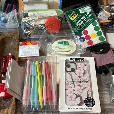Sale Photo Thumbnail #1116: Box of Office-Desk Supplies and Materials- Scissors, pens, hole puncher+