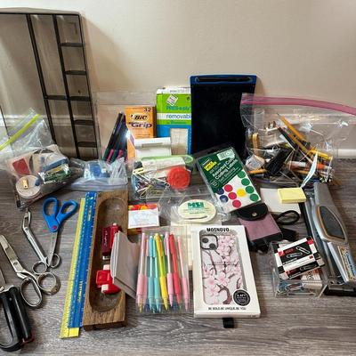 Sale Photo Thumbnail #1114: Box of Office-Desk Supplies and Materials- Scissors, pens, hole puncher+