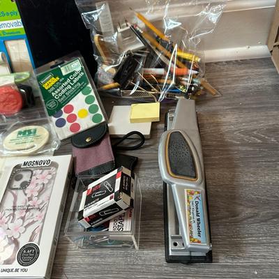 Sale Photo Thumbnail #1118: Box of Office-Desk Supplies and Materials- Scissors, pens, hole puncher+