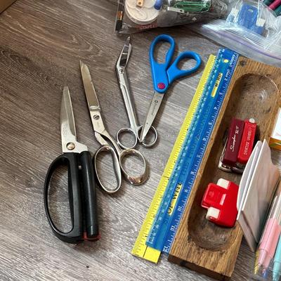 Sale Photo Thumbnail #1115: Box of Office-Desk Supplies and Materials- Scissors, pens, hole puncher+