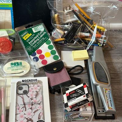 Sale Photo Thumbnail #1117: Box of Office-Desk Supplies and Materials- Scissors, pens, hole puncher+