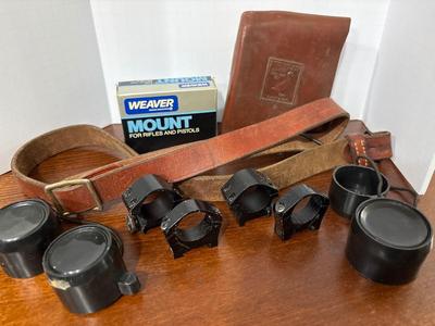 Sale Photo Thumbnail #130: NIB mount, plus 2 other sets, rifle strap & guard, binocular lens covers