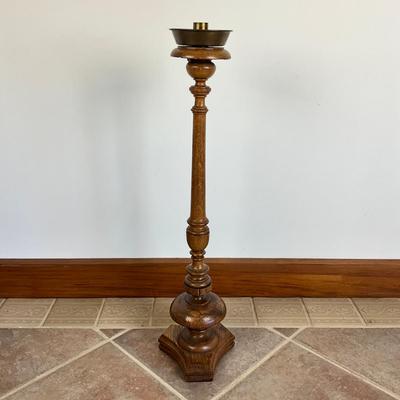 Sale Photo Thumbnail #844: Has two areas of damage on top, and one chip on lower stem, refer to photos
Made of oakwood
Measures: 33" high x 9" wide base x 5.5" diameter top
