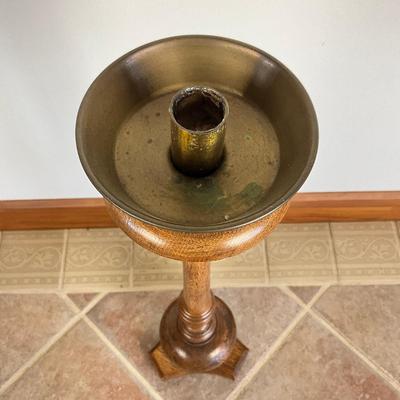 Sale Photo Thumbnail #848: Has two areas of damage on top, and one chip on lower stem, refer to photos
Made of oakwood
Measures: 33" high x 9" wide base x 5.5" diameter top