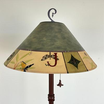 Sale Photo Thumbnail #936: Measures: 5'2" high x 18" shade diameter x 11.5" base diameter
Handpainted shade and signed 
very good condition
