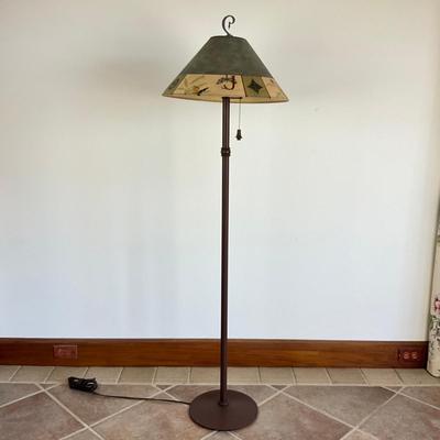 Sale Photo Thumbnail #933: Measures: 5'2" high x 18" shade diameter x 11.5" base diameter
Handpainted shade and signed 
very good condition