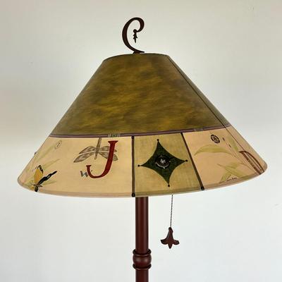 Sale Photo Thumbnail #940: Measures: 5'2" high x 18" shade diameter x 11.5" base diameter
very good condition 
with handpainted shade 
copper finish