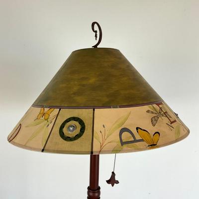 Sale Photo Thumbnail #939: Measures: 5'2" high x 18" shade diameter x 11.5" base diameter
very good condition 
with handpainted shade 
copper finish