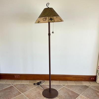 Sale Photo Thumbnail #937: Measures: 5'2" high x 18" shade diameter x 11.5" base diameter
very good condition 
with handpainted shade 
copper finish