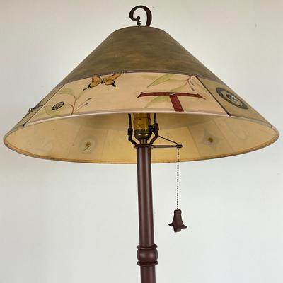 Sale Photo Thumbnail #938: Measures: 5'2" high x 18" shade diameter x 11.5" base diameter
very good condition 
with handpainted shade 
copper finish