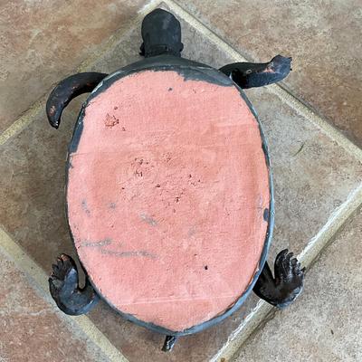 Sale Photo Thumbnail #981: Covered Turtle , top lifts off 
Has broken toes, swirled horn and tail, see photos
Measures: 16" long x 10.5" wide x 4" high