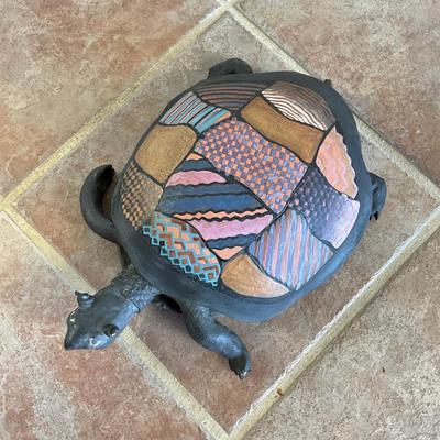 Sale Photo Thumbnail #980: Covered Turtle , top lifts off 
Has broken toes, swirled horn and tail, see photos
Measures: 16" long x 10.5" wide x 4" high