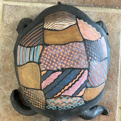 Sale Photo Thumbnail #985: Covered Turtle , top lifts off 
Has broken toes, swirled horn and tail, see photos
Measures: 16" long x 10.5" wide x 4" high