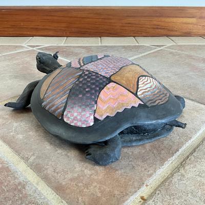Sale Photo Thumbnail #984: Covered Turtle , top lifts off 
Has broken toes, swirled horn and tail, see photos
Measures: 16" long x 10.5" wide x 4" high