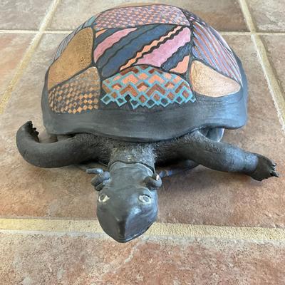 Sale Photo Thumbnail #986: Covered Turtle , top lifts off 
Has broken toes, swirled horn and tail, see photos
Measures: 16" long x 10.5" wide x 4" high
