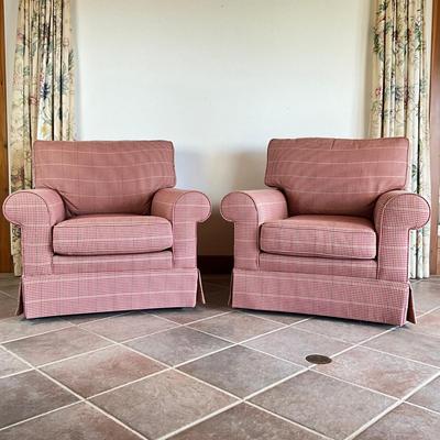 Sale Photo Thumbnail #996: Back of both chairs are sun faded, one chair has small tear, see photos
Both measure: 42" wide x 39.5" deep x 38" high x 25.5" seat depth x 18.5" seat height
very clean