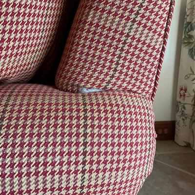 Sale Photo Thumbnail #990: Back of both chairs are sun faded, one chair has small tear, see photos
Both measure: 42" wide x 39.5" deep x 38" high x 25.5" seat depth x 18.5" seat height
very clean