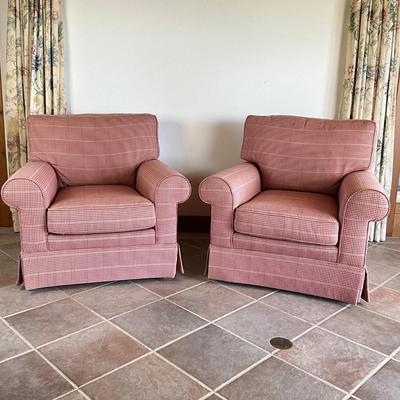 Sale Photo Thumbnail #988: Back of both chairs are sun faded, one chair has small tear, see photos
Both measure: 42" wide x 39.5" deep x 38" high x 25.5" seat depth x 18.5" seat height
very clean