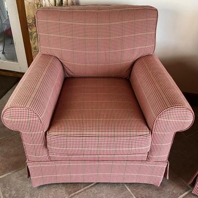 Sale Photo Thumbnail #995: Back of both chairs are sun faded, one chair has small tear, see photos
Both measure: 42" wide x 39.5" deep x 38" high x 25.5" seat depth x 18.5" seat height
very clean