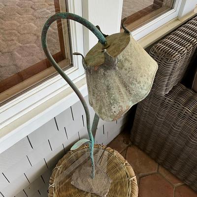 Sale Photo Thumbnail #1009: Copper flower pot converted to a floral piece for lamp.  
Measures: 33.5" high x 11.5" deep (top) x 8" wide x 7" deep (base)