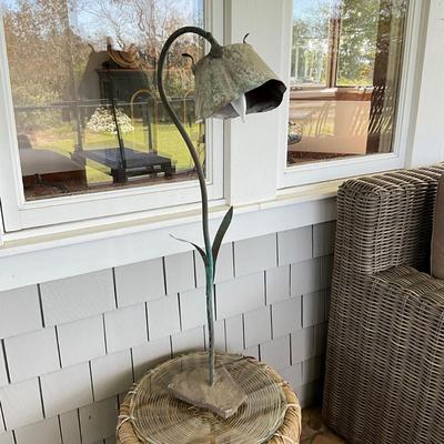 Sale Photo Thumbnail #1005: Copper flower pot converted to a floral piece for lamp.  
Measures: 33.5" high x 11.5" deep (top) x 8" wide x 7" deep (base)