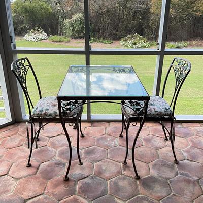 Sale Photo Thumbnail #1022: Chairs come with cushions
Table: 32.5" long x 16" deep x 28" high
Chairs: 34" high x 19" wide x 16" deep x 17" seat height
good condition