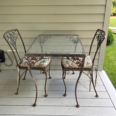 Sale Photo Thumbnail #1039: Noticeable paint loss on Iron table 
Table: 32.5" long x 16" deep x 28" high
Chairs: 34" high x 19" wide x 16" deep x 17" seat height