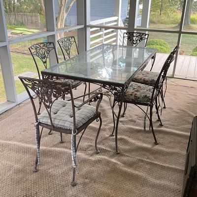 Sale Photo Thumbnail #1043: paint loss on table 
Table: 60.5" long x 32.5" deep x 28" high
Chairs: 34" high x 19" wide x 16" deep x 17" seat height