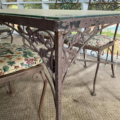 Sale Photo Thumbnail #1044: paint loss on table 
Table: 60.5" long x 32.5" deep x 28" high
Chairs: 34" high x 19" wide x 16" deep x 17" seat height