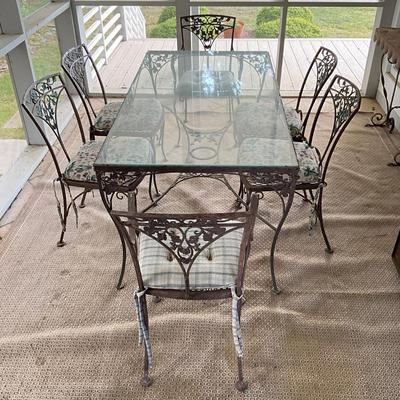 Sale Photo Thumbnail #1046: paint loss on table 
Table: 60.5" long x 32.5" deep x 28" high
Chairs: 34" high x 19" wide x 16" deep x 17" seat height