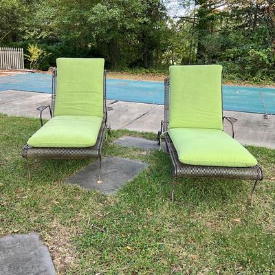 Sale Photo Thumbnail #1080: Both chairs are adjustable, one chair adjustable is missing arm rest & damaged adjustable arm, comes with green cushions
Both measure: 6' long x 26" wide x 14" high