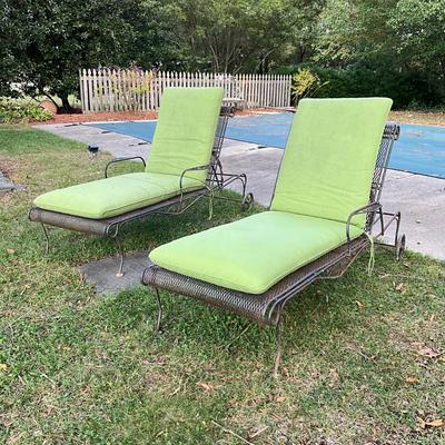Sale Photo Thumbnail #1079: Both chairs are adjustable, one chair adjustable is missing arm rest & damaged adjustable arm, comes with green cushions
Both measure: 6' long x 26" wide x 14" high