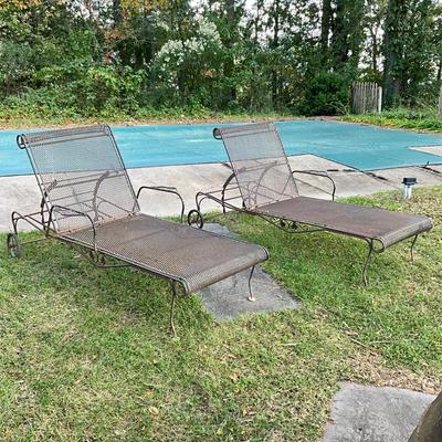 Sale Photo Thumbnail #1077: Both chairs are adjustable, one chair adjustable is missing arm rest & damaged adjustable arm, comes with green cushions
Both measure: 6' long x 26" wide x 14" high
