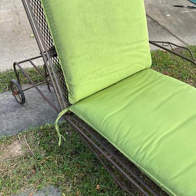 Sale Photo Thumbnail #1078: Both chairs are adjustable, one chair adjustable is missing arm rest & damaged adjustable arm, comes with green cushions
Both measure: 6' long x 26" wide x 14" high