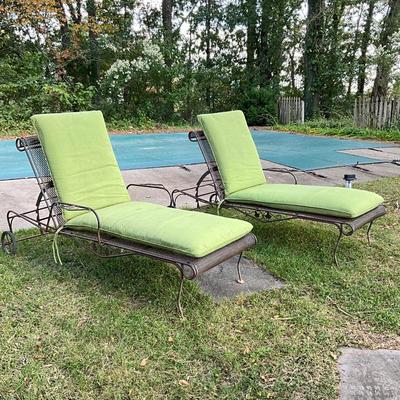 Sale Photo Thumbnail #1072: Both chairs are adjustable, one chair adjustable is missing arm rest & damaged adjustable arm, comes with green cushions
Both measure: 6' long x 26" wide x 14" high