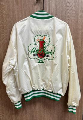 Vintage 80's Embroidered Satin Varsity Jacket size XL made in USA Pat O'Brien's New Orleans Louisiana cream with green trim