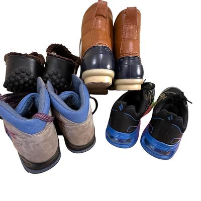 Sale Photo Thumbnail #1403: 4 Pair Womens Sneakers / Shoes Sizes 9-10; Rocket Dog, Hi-Tech Sneakers, Dept 222 Rubber Duck Boots, Black Skechers with Neon - all in lightly worn shape (the slipons show the most wear).