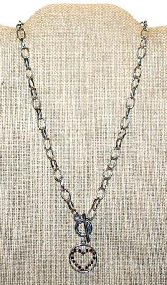 Bejeweled RED & CLEAR STONES HEART PENDANT NECKLACE Set in a Silver Tone CIRCLE and Thin Link Chain & TOGGLE CLASP 20" L