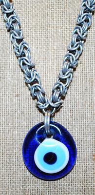 "EYEBALL" PENDANT (1" Diam.) NECKLACE with Interesting Silver Tone Looped Chain and Circle Clasp 21" L