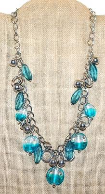 Aquamarine Colored "DISKS & SWIRLS" NECKLACE with Silver Tone Loops, Circles and Globes Accents and Lobster Clasp 19" L