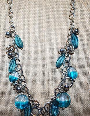 Aquamarine Colored "DISKS & SWIRLS" NECKLACE with Silver Tone Loops, Circles and Globes Accents and Lobster Clasp 19" L