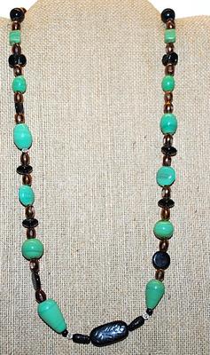 Green Jade Style Stones NECKLACE with Browns & Blacks Highlight Stones and a Lobster Clasp 22" L