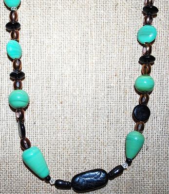 Green Jade Style Stones NECKLACE with Browns & Blacks Highlight Stones and a Lobster Clasp 22" L